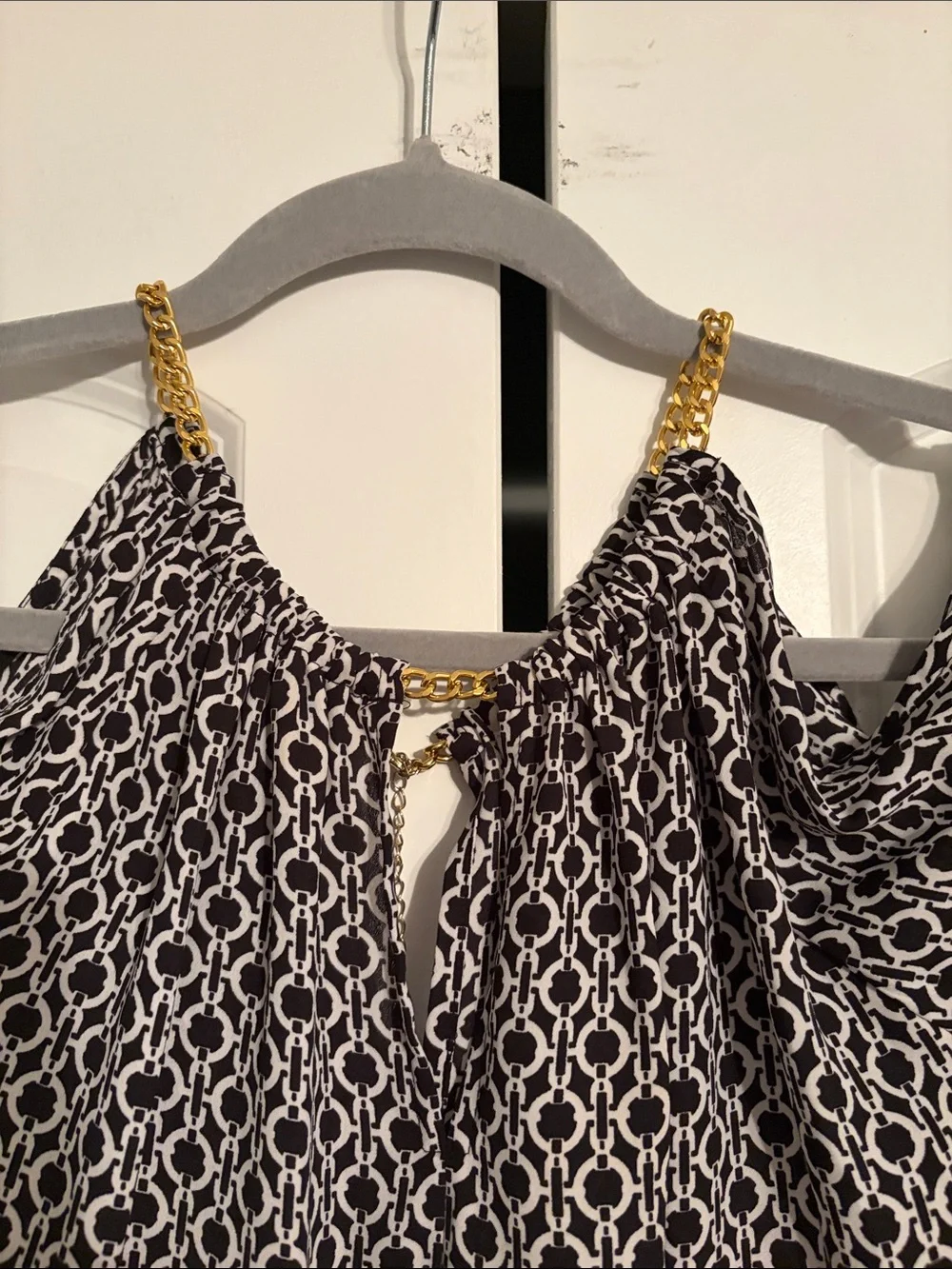Michael Kors Black and White Cold-Shoulder Top with Gold Chain Straps